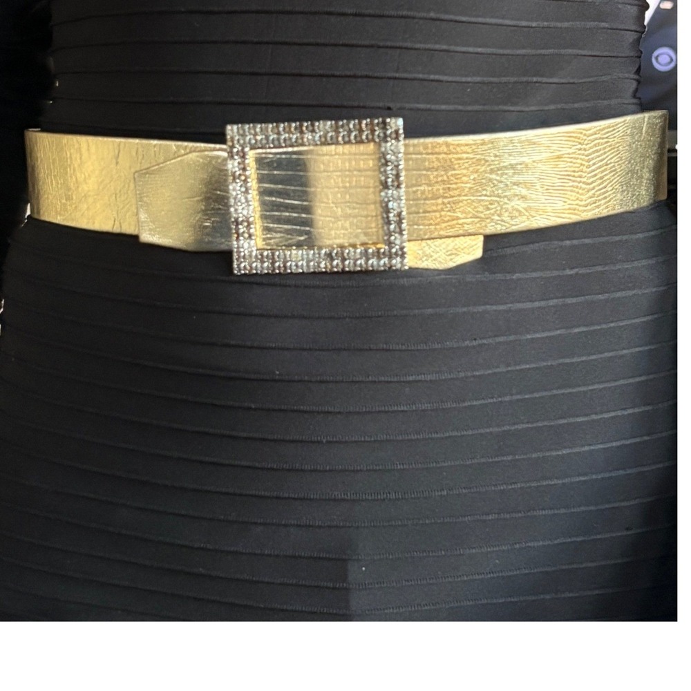 Callanan Gold Metallic Textured Leather Belt with Rhinestone Square Buckle - Picture 2 of 6